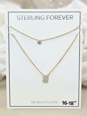 Sterling Forever Necklace 14k Gold Plated Bezel CZ Tag Layered Necklace Modern